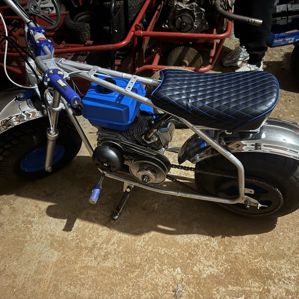 Blue & Chrome Mini Bike with Quilted Black Seat